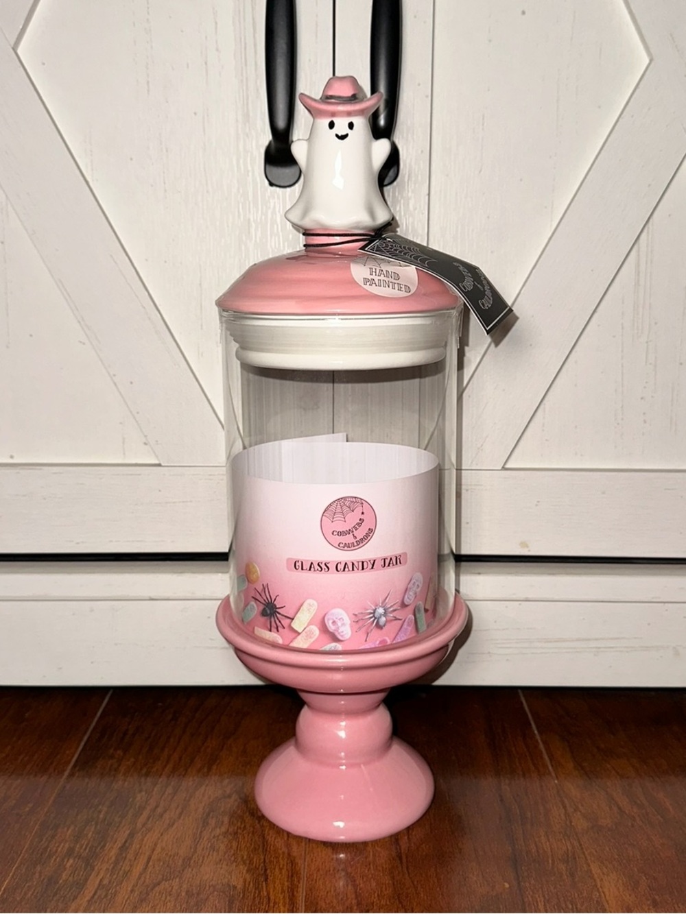 Cobwebs & Cauldrons Pink Ghost with Cowboy Hat Glass Candy Jar Cansiter